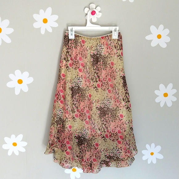 Kim Rogers Petite 90s Y2K Brown, Pale Green, & Pink Ruffle Midi Skirt - Picture 2 of 8